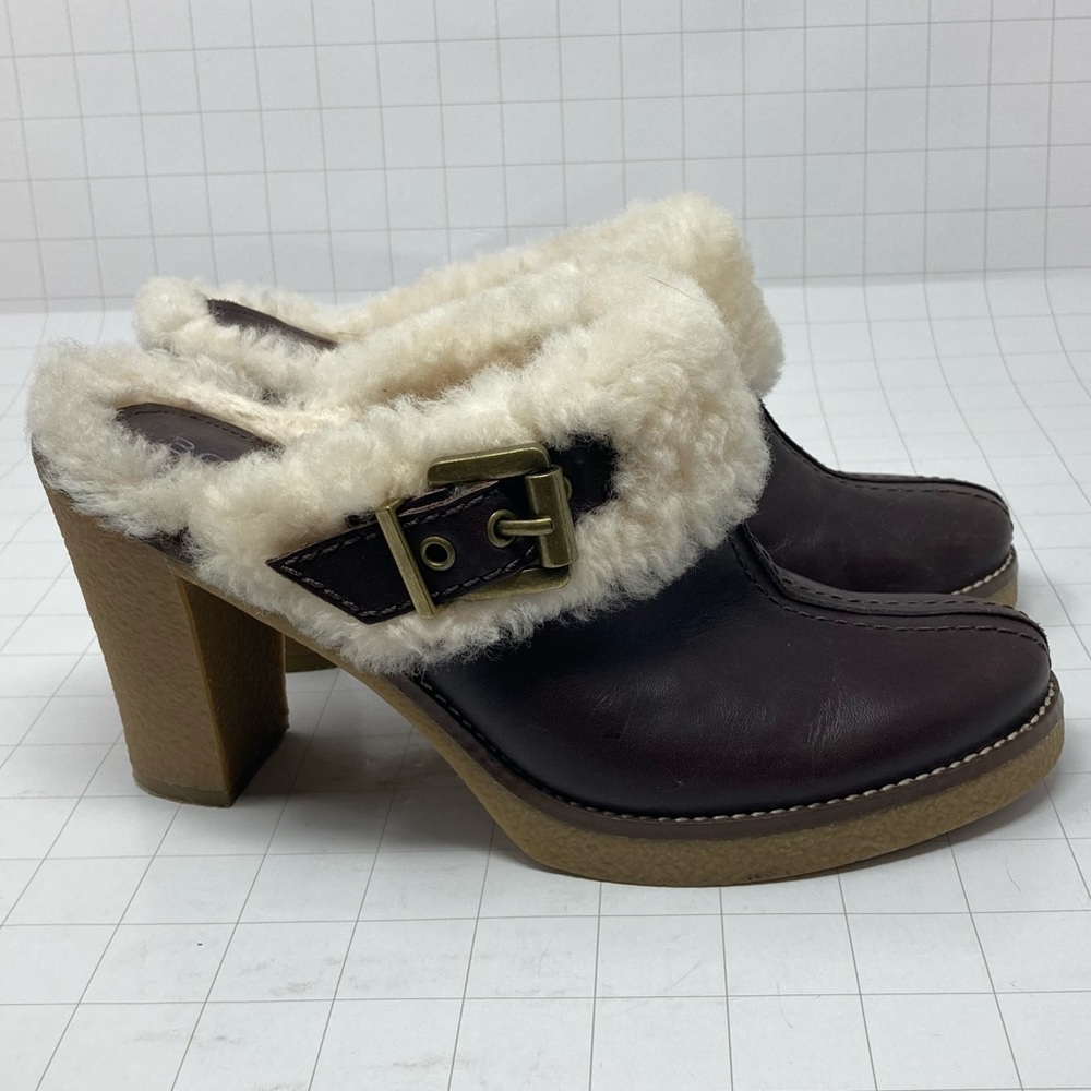 BCBG girls BCBGirls cool heeled dark brown leather sherpa lined buckle mules